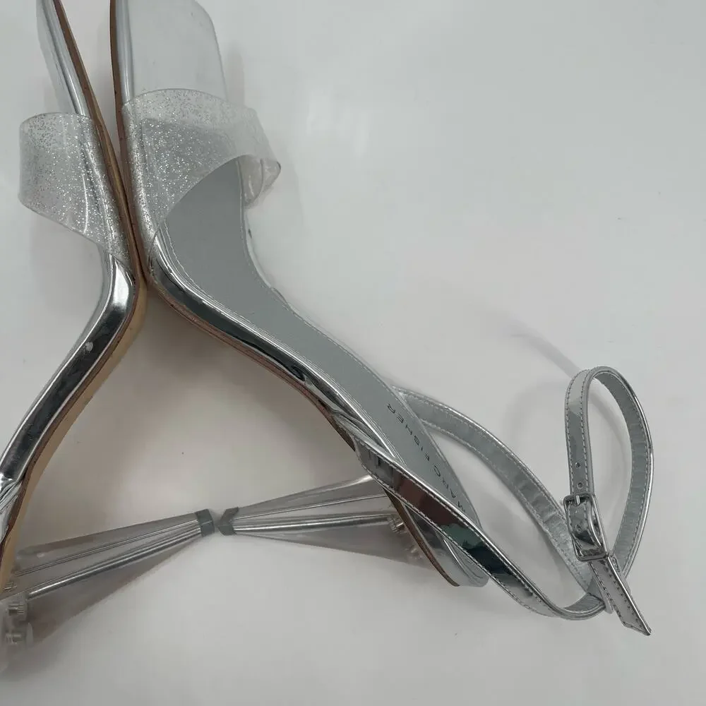 MARC FISHER Heels Breta Size 9.5 Chrome Silver Clear Sparkle Prom Homecoming